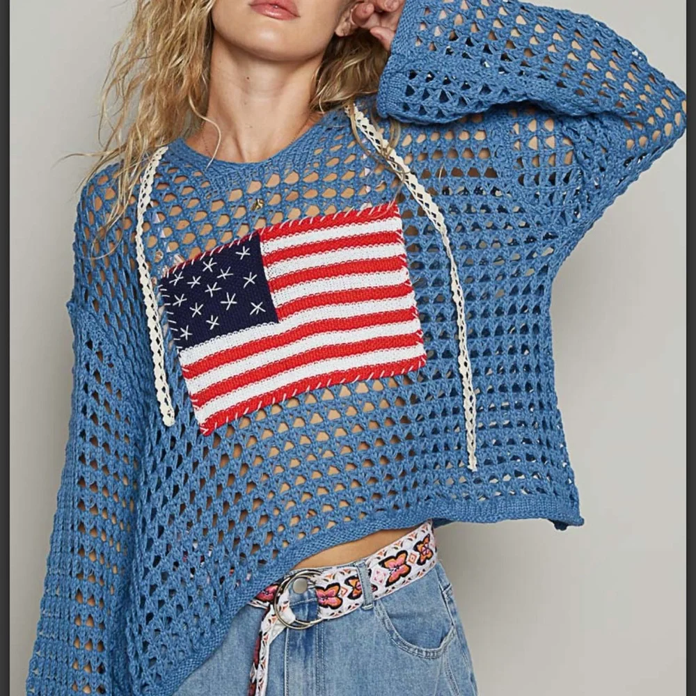 OD23-POL American Flag Crochet Hooded Sweater - Picture 2 of 8